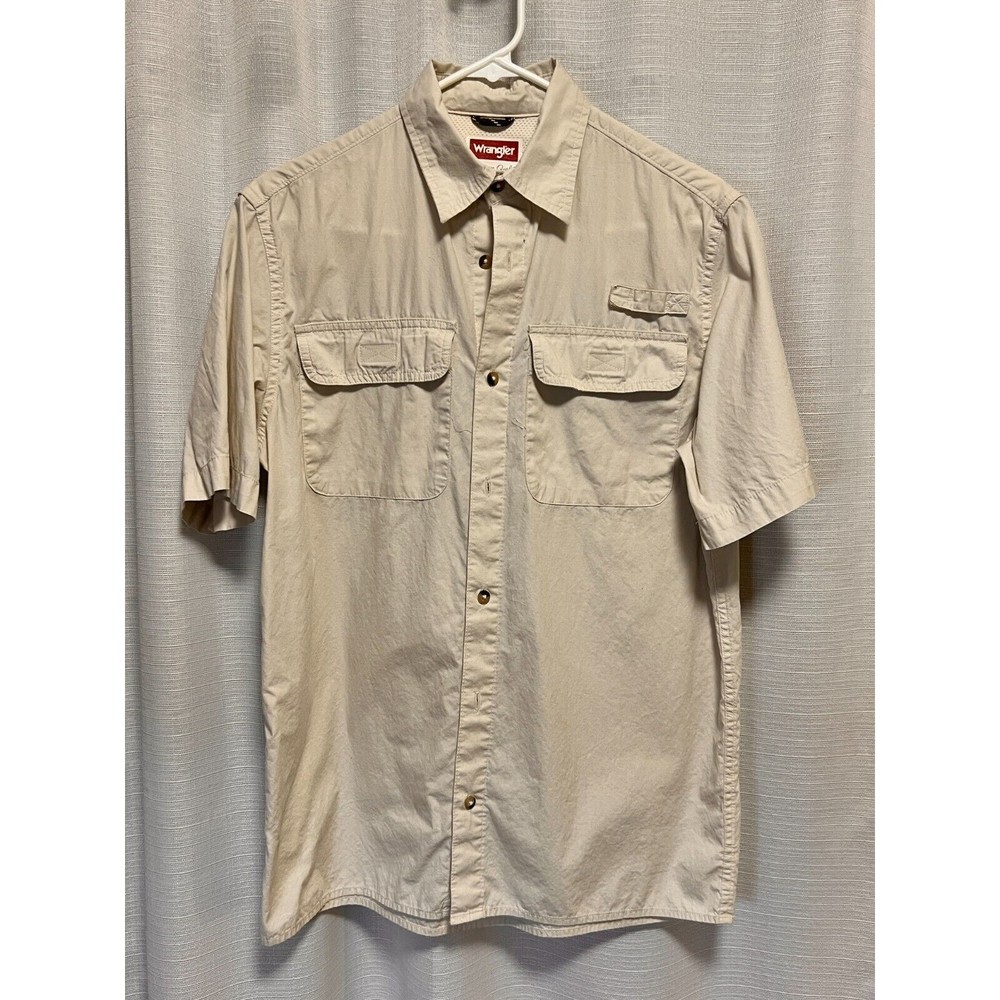 WRANGLER Mens Size Small Beige Fishing Outdoor Shirt Short Sleeve Cotton Button